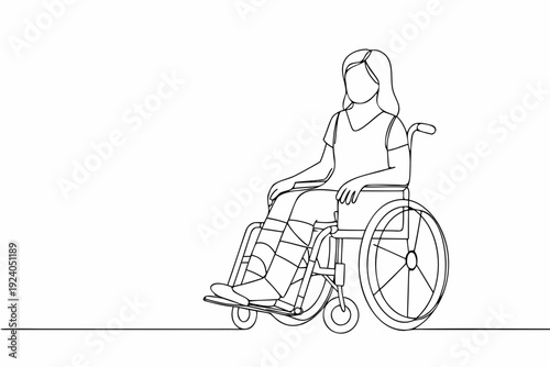 Continuous line drawing of a woman seated in a wheelchair