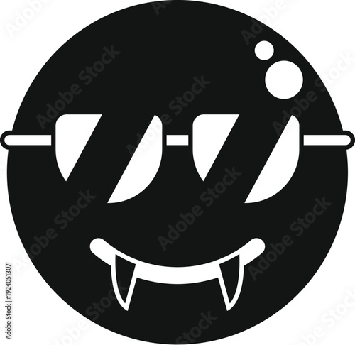 Black and white vampire emoji or smiley wearing cool sunglasses and showing fangs