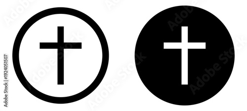 Ilustración de circular con crucifijo. Icono de religión, espíritu, creencia y fe. Vector en blanco y negro para app, folleto, diseño grafico, sitio web, movimientos religiosos y otros. 