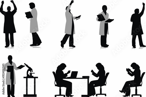 Silhouettes of medical professionals in various working positions and postures