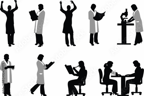 Silhouettes of diverse medical professionals engaged in various scientific tasks
