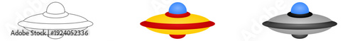 Conjunto de Ovnis o juguete en blanco y negro y con color. Ilustración estilo caricatura. Icono de ciencia ficción.  Vector para sitio web, app, folleto, juguetería, indumentarias y otros.