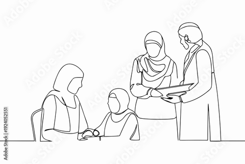 Continuous line drawing of four women in traditional islamic clothing