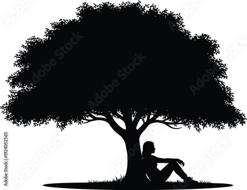 A person sitting under a tree in a peaceful outdoor setting at dusk