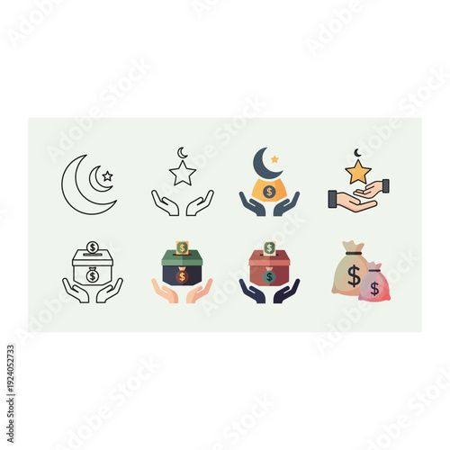 Islamic Charity Icons: Hands, Moon, Money Bag, Donation Box