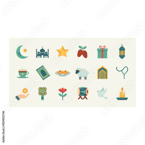 Islamic Icons Set: Mosque, Moon, Star, Coffee, Gift, Candle