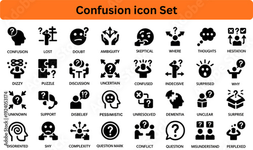 Confusion solid icon set silhouette vector on white background 