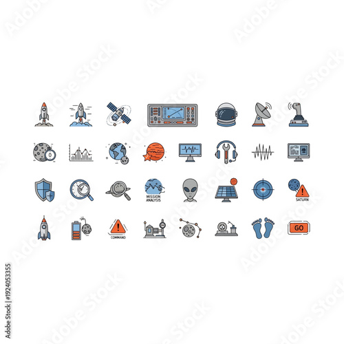 Space and Science Technology Icons: Rocket, Satellite, Astronaut, Computer