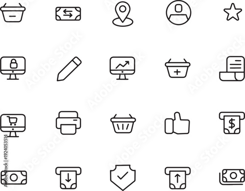 Ecommerce and Business Vector Line Icons Set.  Online Shopping, Payment, Location, User Profile, Security, Analytics, Printer, Cart, Basket, Cash Withdrawal, Shield Outline Symbol Collection