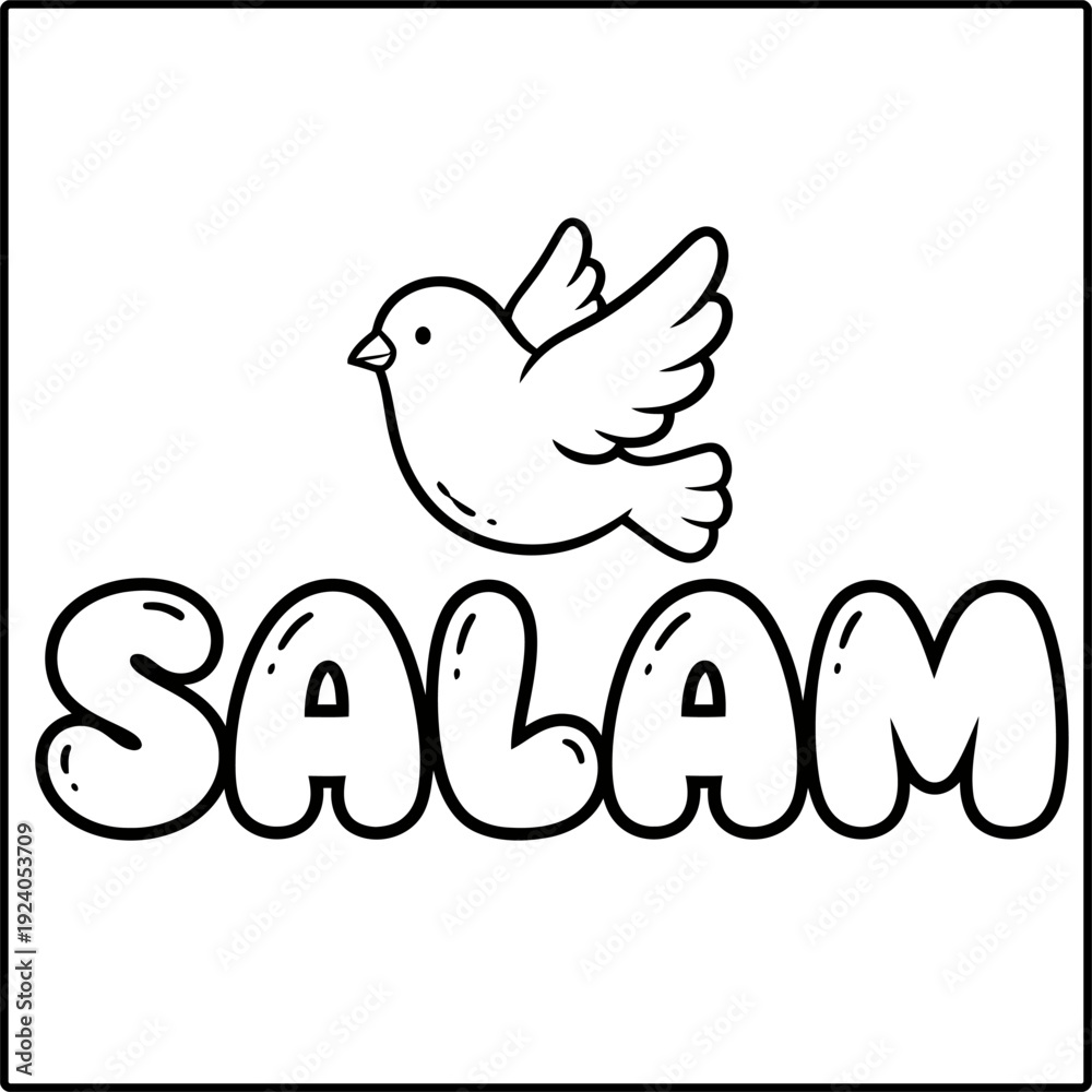 Fototapeta premium Ramadan coloring page with flying dove and Arabic calligraphy Salam vector illustration