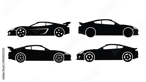 Four black car silhouettes facing different directions isolated on white background, Vector