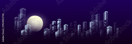 Panoramic vector illustration of a large night city skyline with a big full moon in the background, featuring abstract stylized buildings and skyscrapers isolated on dark blue for urban design.