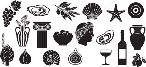 Black silhouettes of ancient Greek and Mediterranean icons