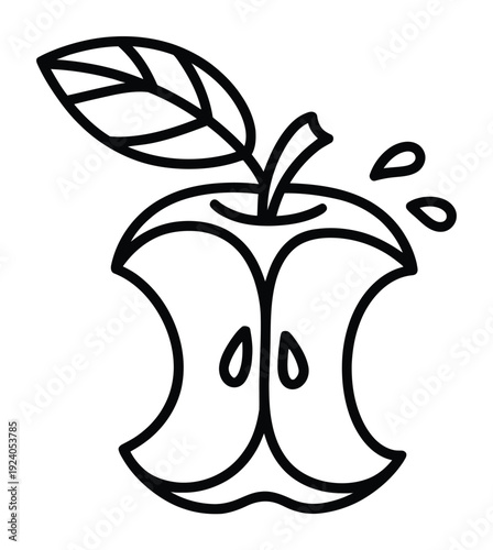 Stylized Line of an Apple Core with a Leaf and Droplets