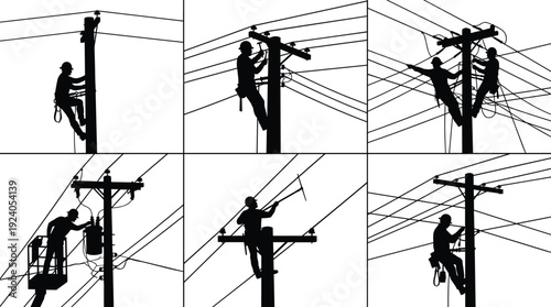 Electrical Utility Lineman Silhouette Set Working on High Voltage Power Lines and Maintenance for Electricity Grid Infrastructure and Energy Industry