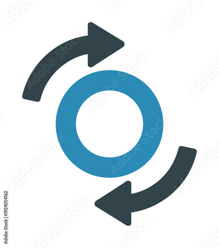 Blue circular vector icon with two curved arrows rotating around it.