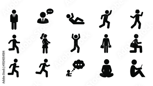 A collection of black silhouettes depicting various human poses and actions isolated on white background, Vector