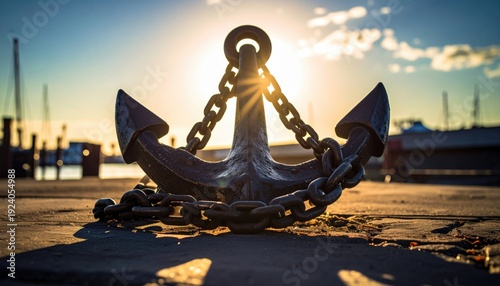 FlyPro_Firefly's high-resolution photo capturing heavy steel chains, thick and robust, draped across a large, unmoving anchor, casting deep shadows during a vibrant sunset.