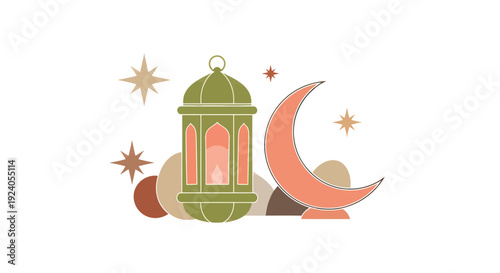 Ramadan Kareem illustration with crescent moon and lantern decoration