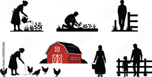 Farm lifestyle silhouette collection featuring gardening, poultry feeding, barn building, rural family activities, agriculture work and countryside farming illustration icons