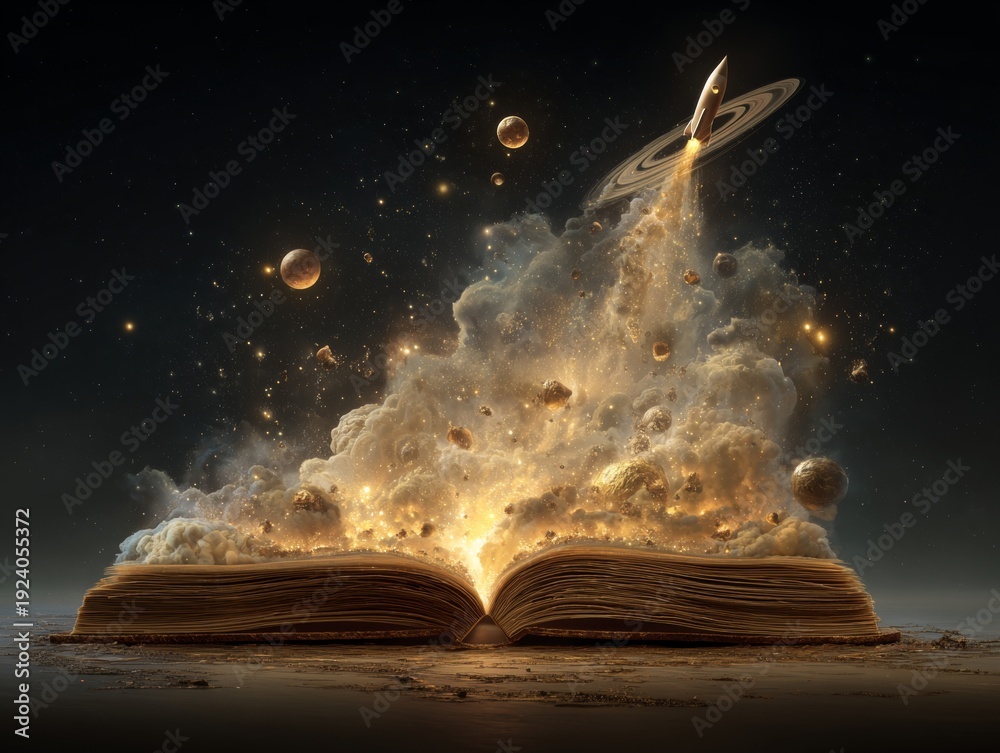 Naklejka premium Magical book opening to reveal cosmic universe with spaceship