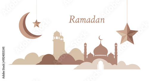 Ramadan Kareem celebration scene with mosque and crescent moon