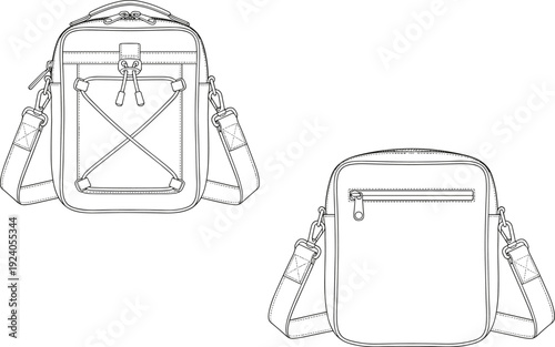 Compact crossbody utility bag technical drawing set, flat vector illustration isolated on white background accessory design