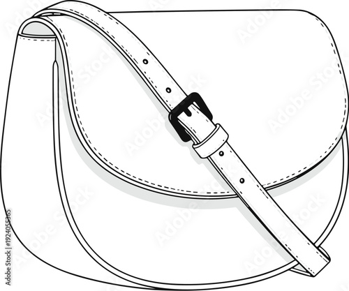 Crossbody saddle bag technical line drawing, flat vector illustration isolated on white background fashion accessory design