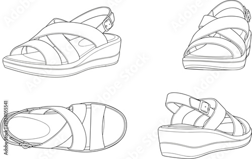 Women platform wedge sandals technical drawing set, flat vector illustration isolated on white background footwear design