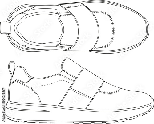 Women’s elastic strap slip on sneaker technical drawing, flat vector illustration isolated on white background footwear template