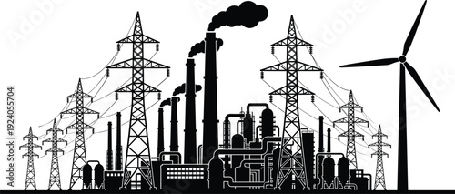 Industrial power plant and energy infrastructure silhouette featuring factory chimneys, transmission towers and wind turbine representing electricity production and renewable energy concepts