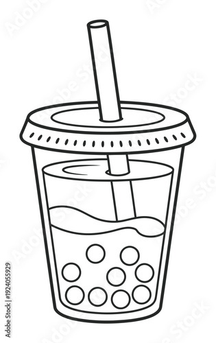 Black and White Line of a Bubble Tea Drink with Boba Pearls