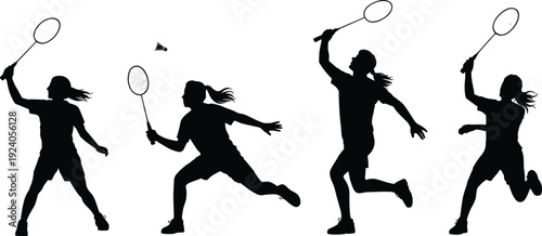  Badminton player silhouettes set, female athlete playing shuttlecock sport action poses vector illustration isolated on white background.