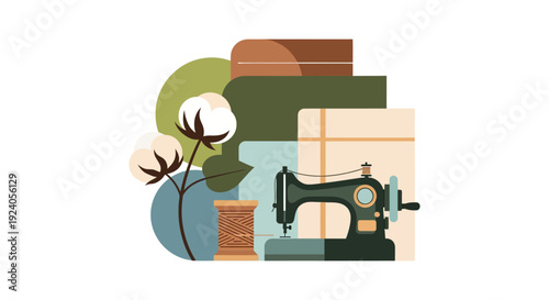 Sustainable Textile Craft: Retro Sewing Machine, Natural Cotton, and Thread Spool Illustration in Earthy Tones