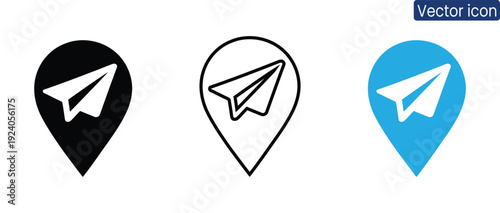 Modern paper airplane icons in map pin shapes for navigation and communication