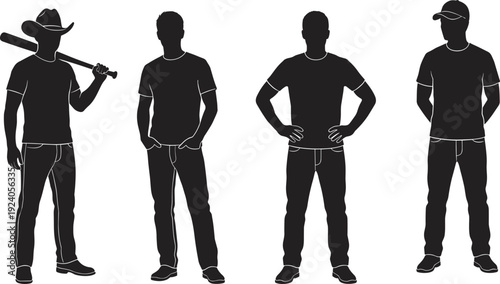 Male Silhouette Set Featuring Men in Casual Clothing with Baseball Bat Cowboy Hat and Various Standing Poses for Lifestyle Design Concept