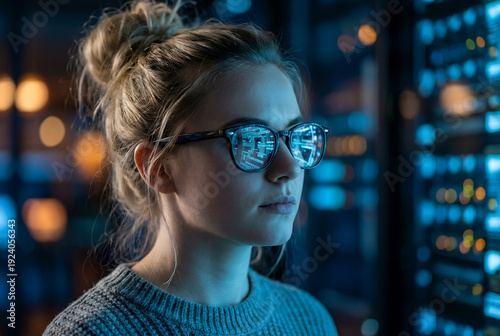 Close up of a young female IT specialist with glasses looking at a server room with digital code reflections