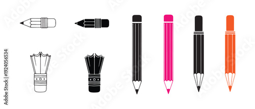 Colorful pencils and erasers for drawing and sketching tools