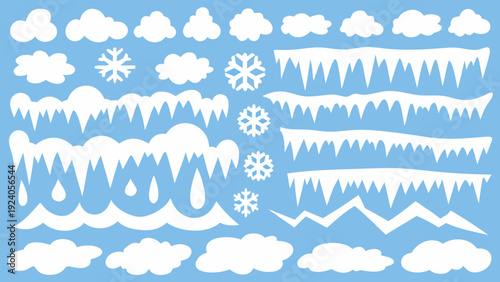 Collection of winter weather elements snowflakes icicles and clouds