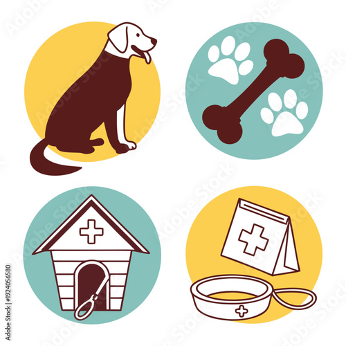 Veterinary Icons: Dog, Bone, Kennel, and Medical Supplies Set