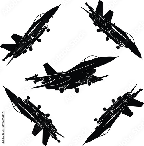 Military Fighter Jet Silhouette Collection with Supersonic Aircraft and Combat Planes for Air Force Aviation Defense and Aerospace Industry Concept