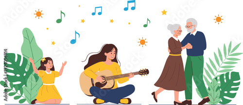 Happy multi generational family with grandmother and grandfather dancing while young woman plays acoustic guitar and little girl enjoys music in a garden
