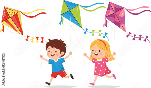 Happy cartoon little boy and girl running and flying three colorful kites with long ribbons on white background during a fun summer day