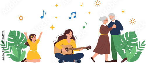 Set of cartoon vector illustrations featuring happy children flying colorful kites jumping in rain puddles sharing toys and multi generational family playing music together