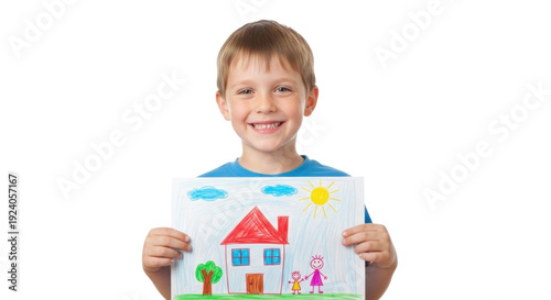 Happy smiling young boy in a studio photograph proudly holds his colorful child's drawing depicting a house and family, embodying childhood, home, and dreams.