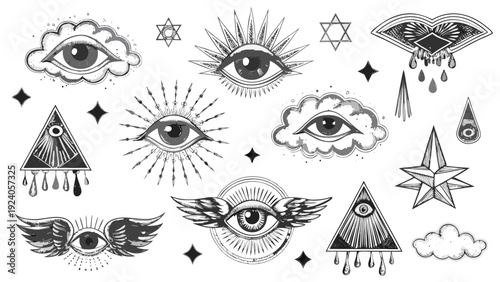 Mystical eyes and celestial symbols in a black and white illustration
