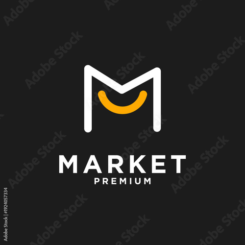 Modern M letter logo design with an integrated smiley face, representing a premium market brand or service.