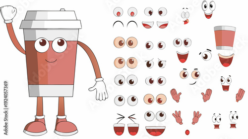 Cartoon coffee cup character with various facial expressions and parts