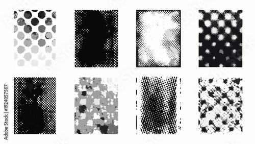 Abstract black and white patterns arranged in a grid formation