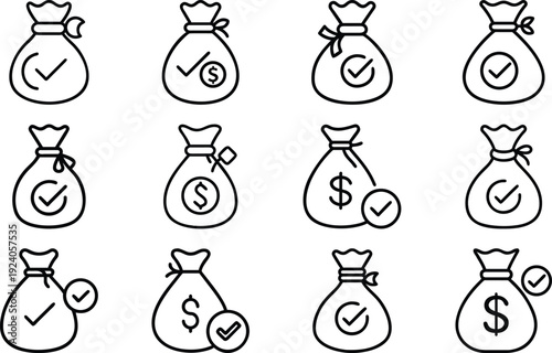 Verified Money Bag with Checkmark Line Art Vector Illustration
